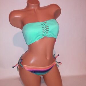 Victoria Secret Swim Bikini Medium Top Small Bottom Aqua Rainbow Stripe Macrame